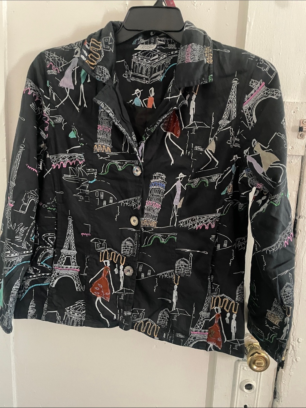 Parsley & Sage Black Paris-Print Button Front Jacket